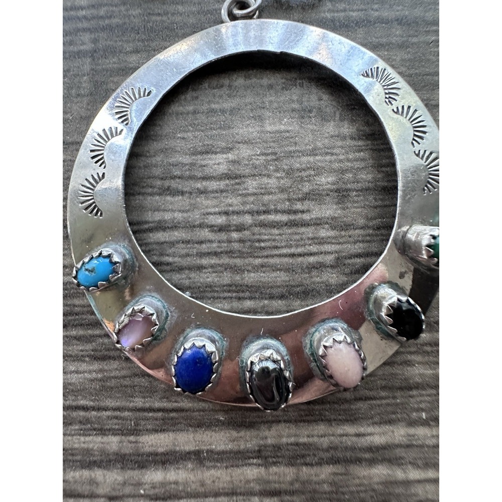 Navajo Sterling Silver Multi Stone Large Hoop Earrings Signed AJ - Picture 8 of 16